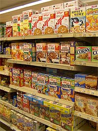 Shelves of breakfast cereals in a supermarket