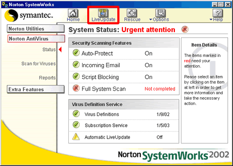 Live Update Button in Norton System Works